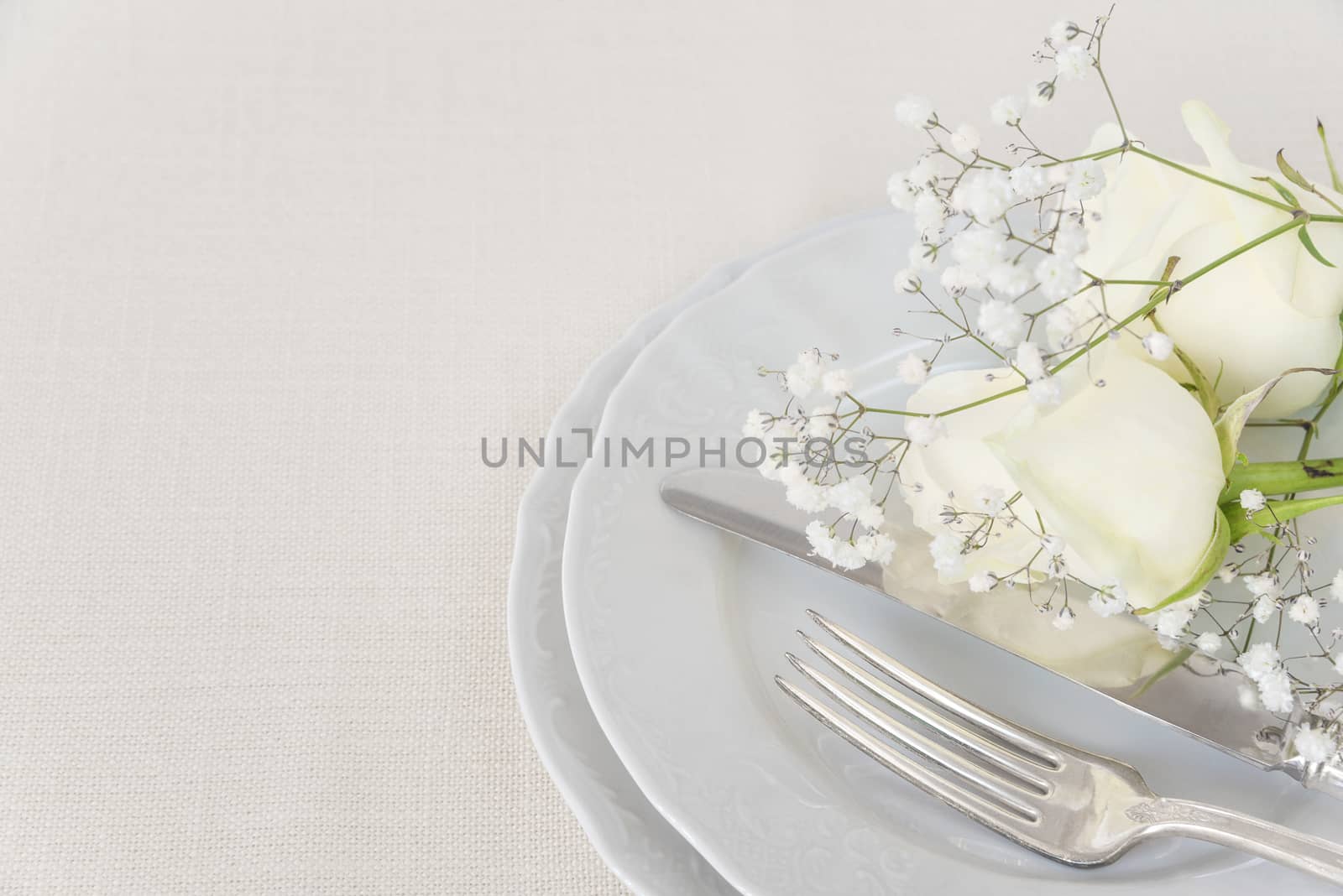 Beautiful decorated table with empty white plates, cutlery and white rose flowers on tablecloths, with space for text