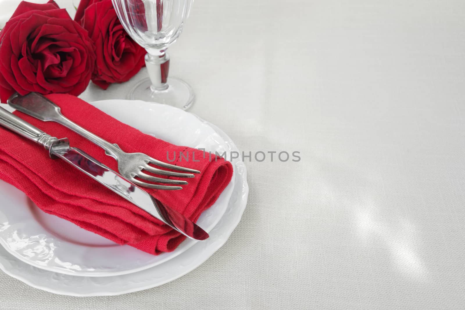 Beautiful decorated table with white plates, rose flowers, cutlery and wine glass on tablecloths, with space for text