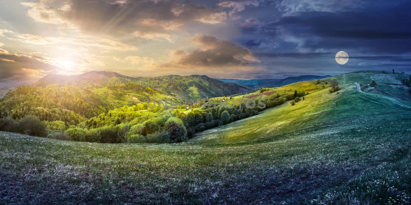 composite image of day and night concept of Idyllic view of pretty farmland rolling hills. Rural landscape near the forest in mountains.