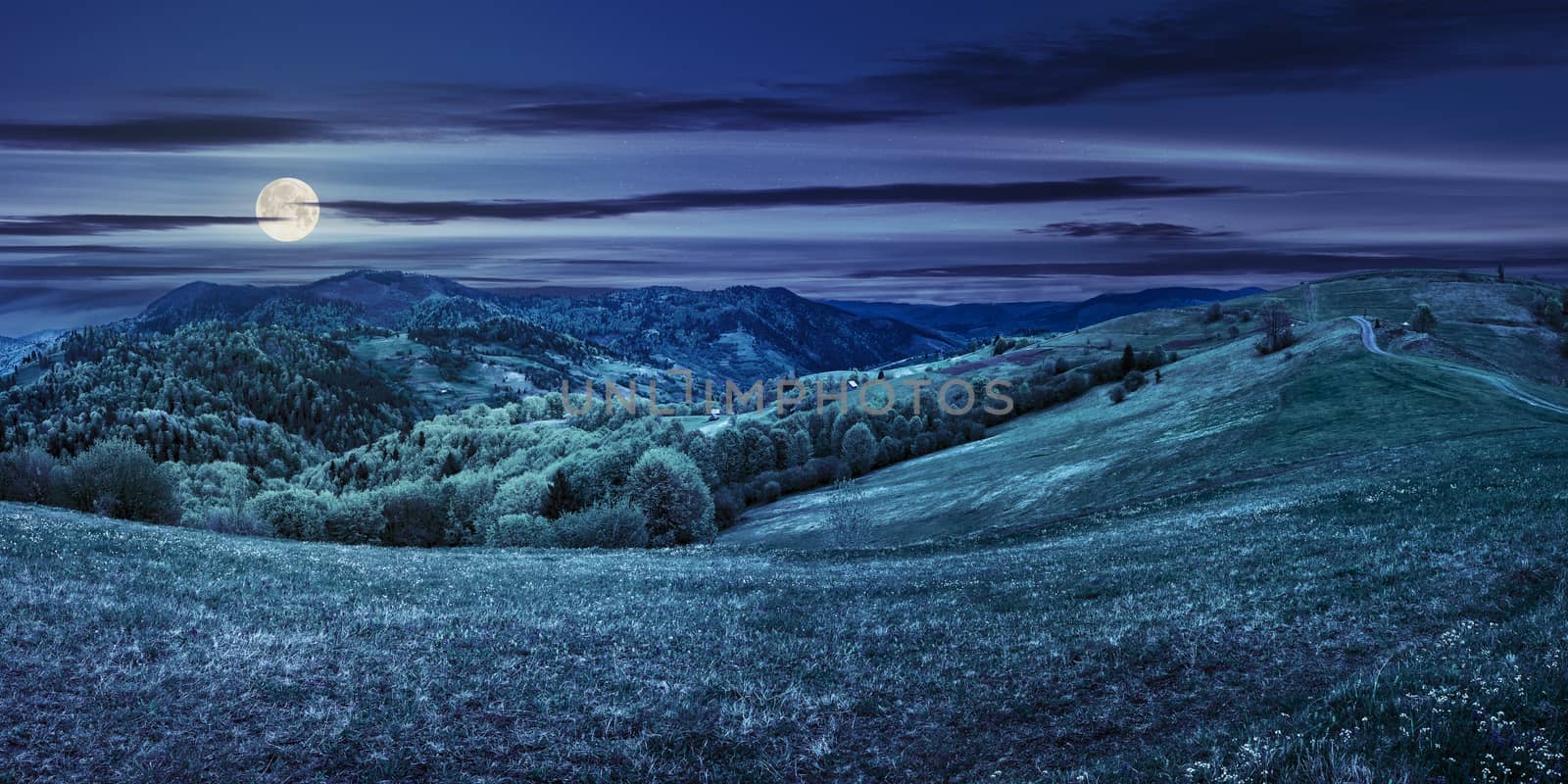 Idyllic view of pretty farmland rolling hills. Rural landscape near the forest in mountains at night in full moon light