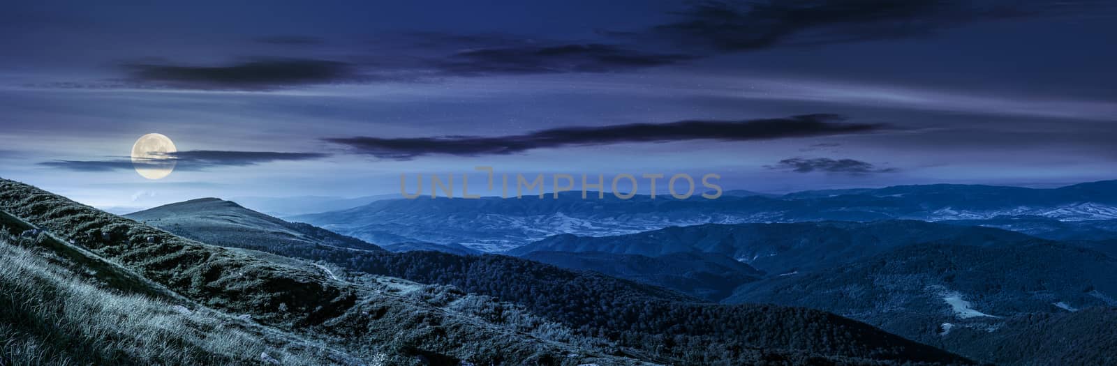 panoramic summer landscape with hillside meadow in Carpathian mountains at night in full moon light