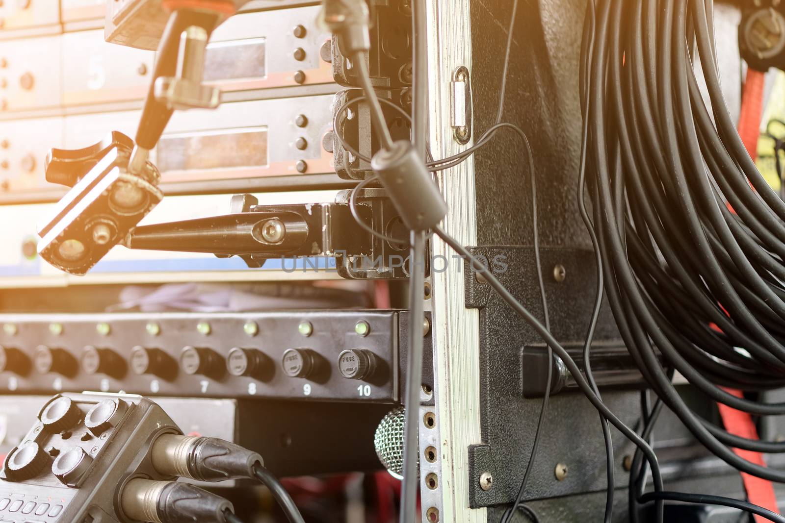 film crew, detail of Portable Wireless Sound Recorder equipment