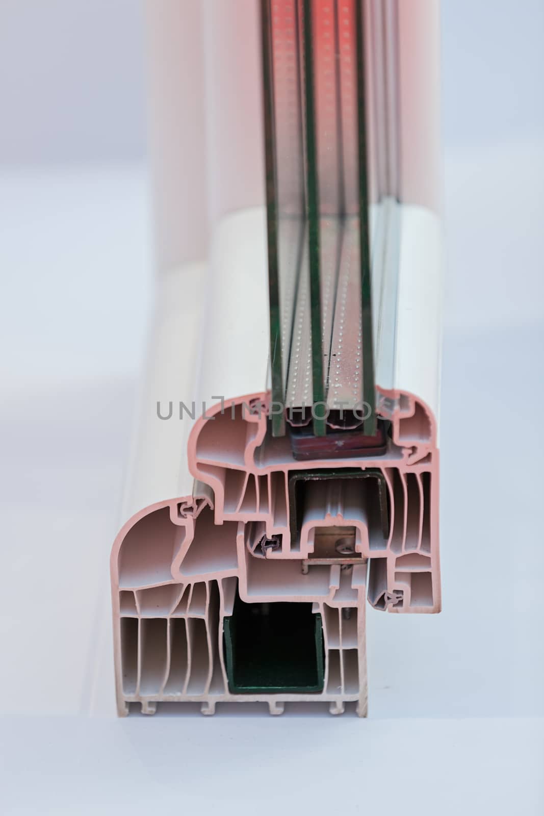 cross-section aluminum window frames, note shallow depth of field