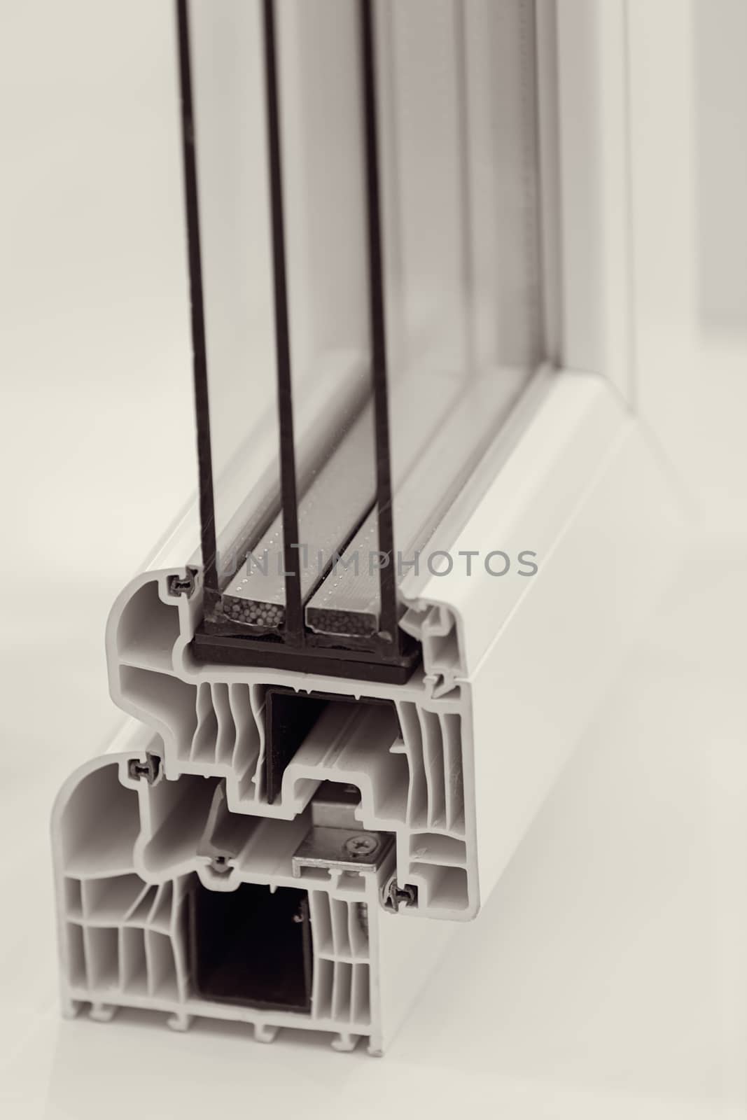 cross-section aluminum window frames, note shallow depth of field