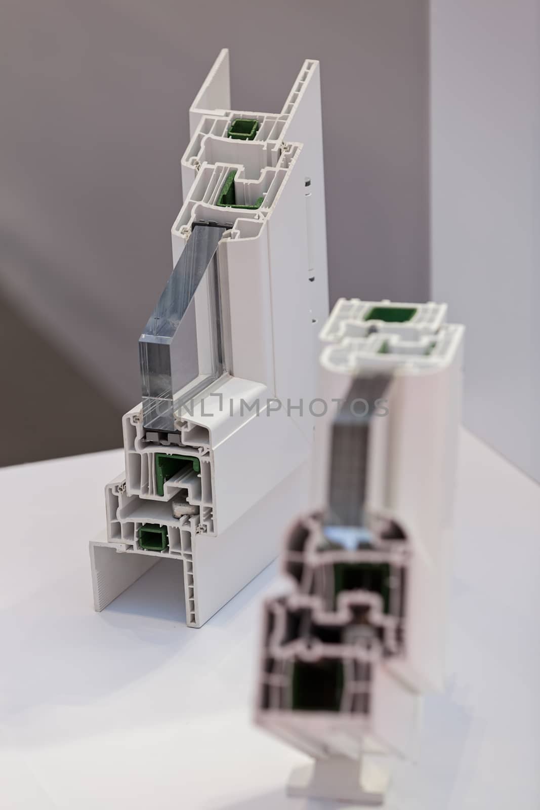 cross-section aluminum window frames, note shallow depth of field