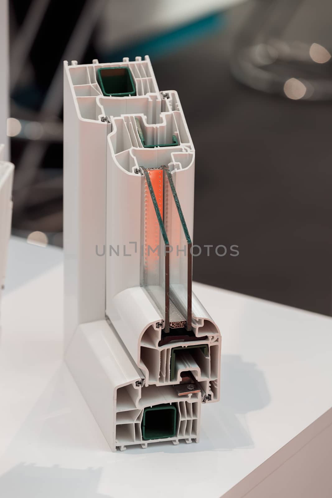 cross-section aluminum window frames, note shallow depth of field