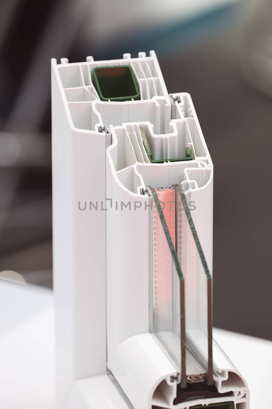 cross-section aluminum window frames, note shallow depth of field