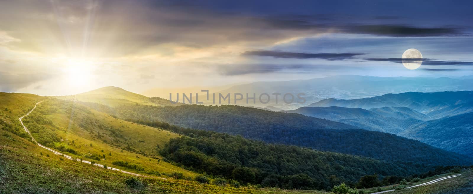 twenty four hour concept of panoramic summer landscape with road through hillside meadow in mountains