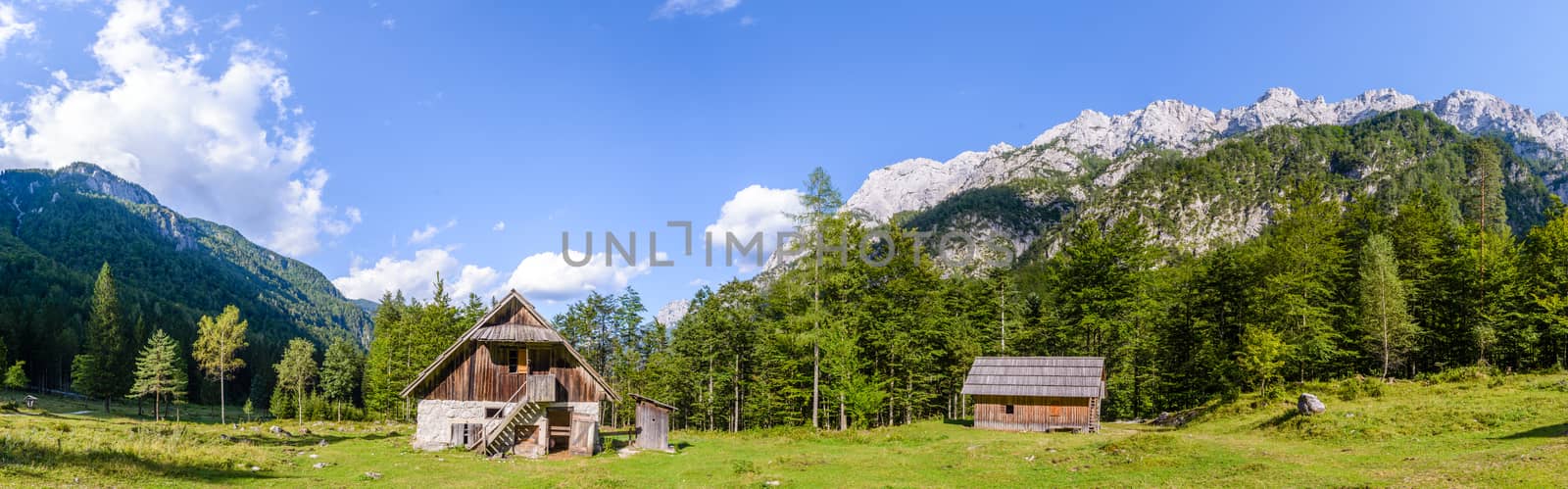 Mountain cabin, hut in European Alps, located in Robanov kot, Slovenia, popular hiking and climbing place with picturescue view, XXXL Large Panorama