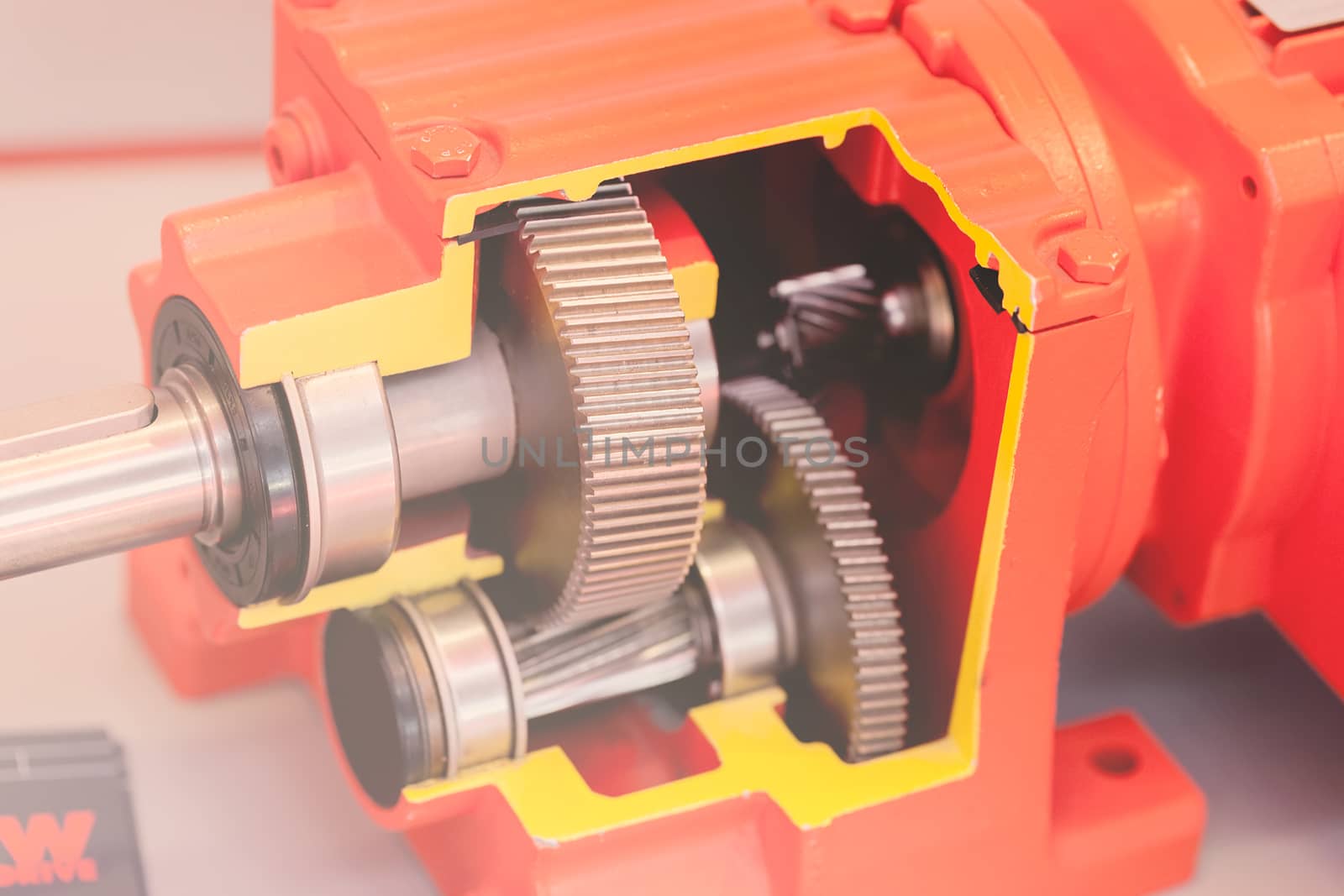 section of vertical gear unit with cylindrical gears, note shallow depth of field