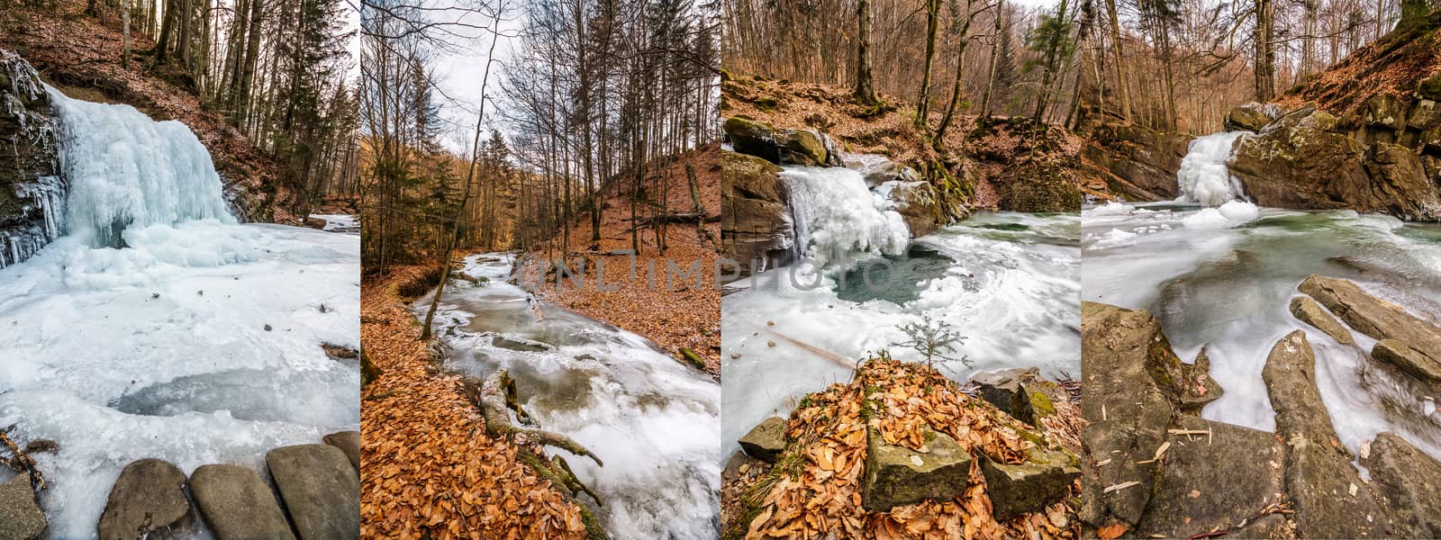 set of images with frozen waterfall on the river among the forest  in mountains