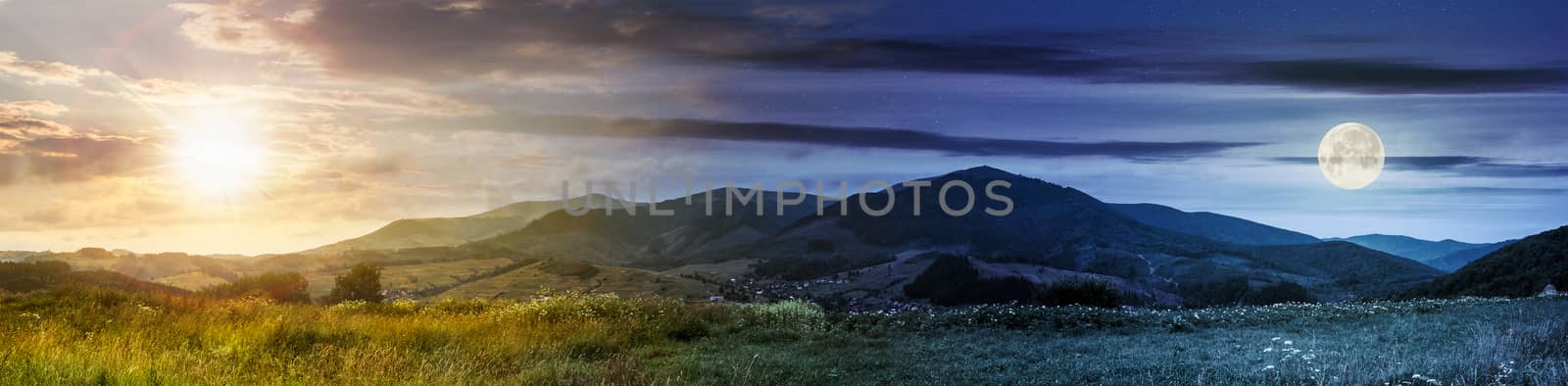 Day and night concept of summer landscape panoramic image of rural fields in mountains under cloudy sky