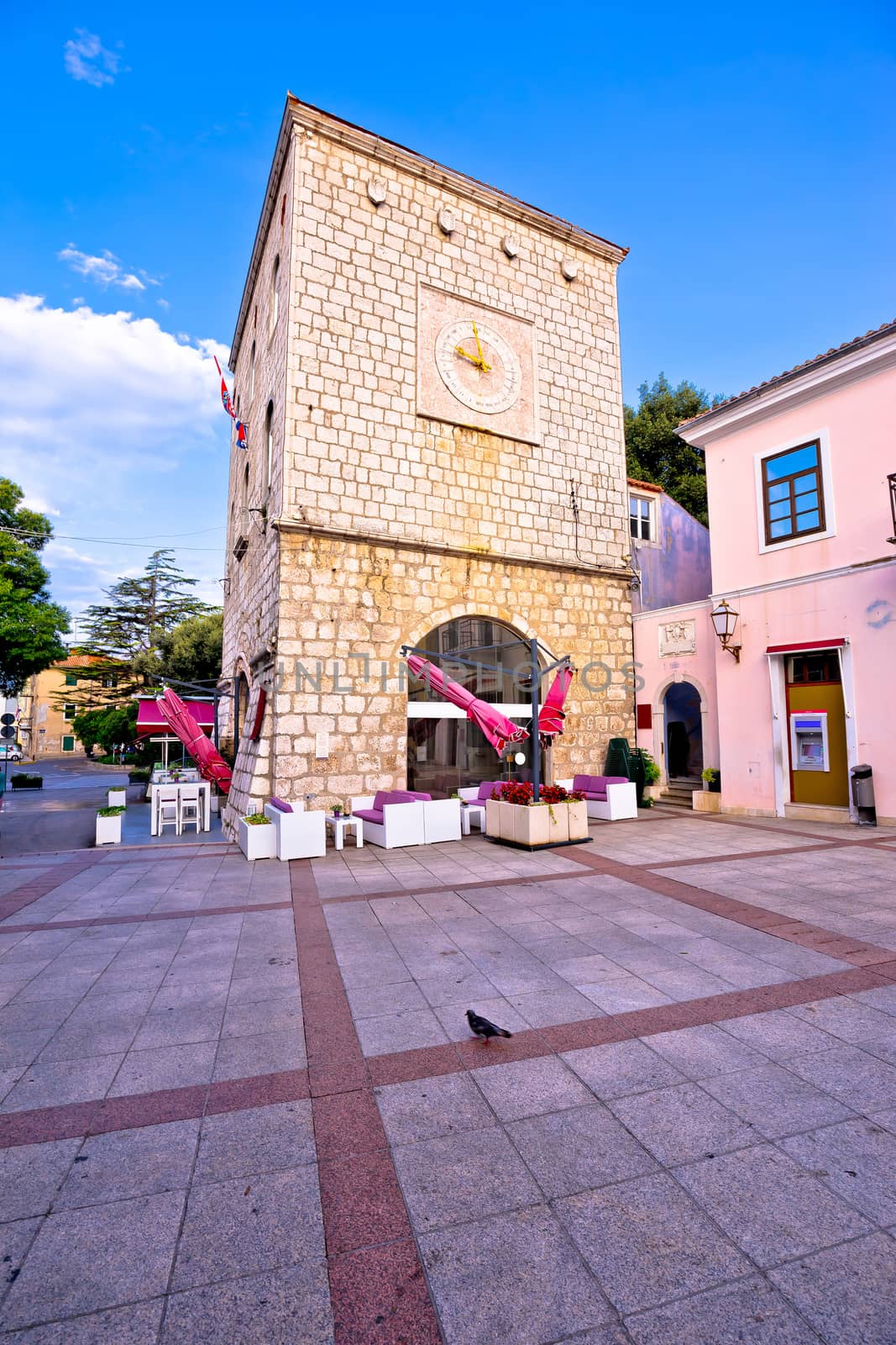 Town of Krk historic main square clocktower view, Kvarner region of Croatia