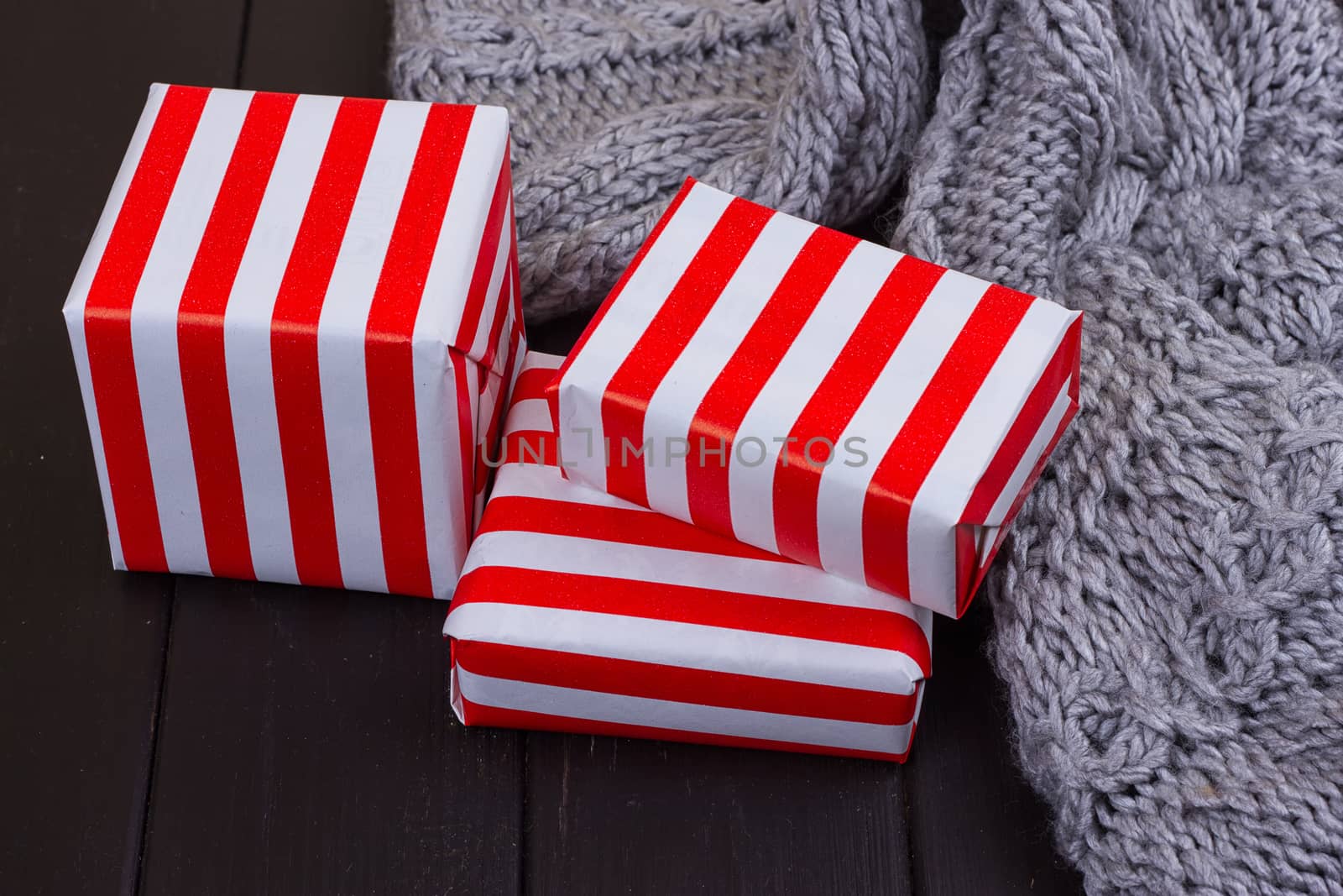 Christmas present. gift box on rustic wooden table. Christmas or New year DIY packing