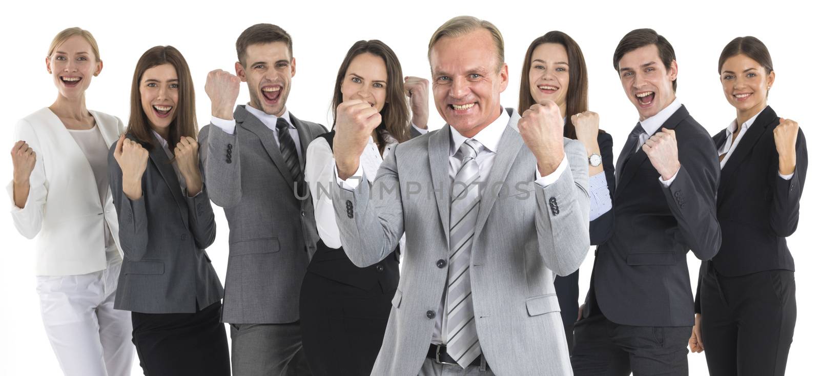 Successful excited business people group team standing together and holding fist ok yes gesture isolated over white background