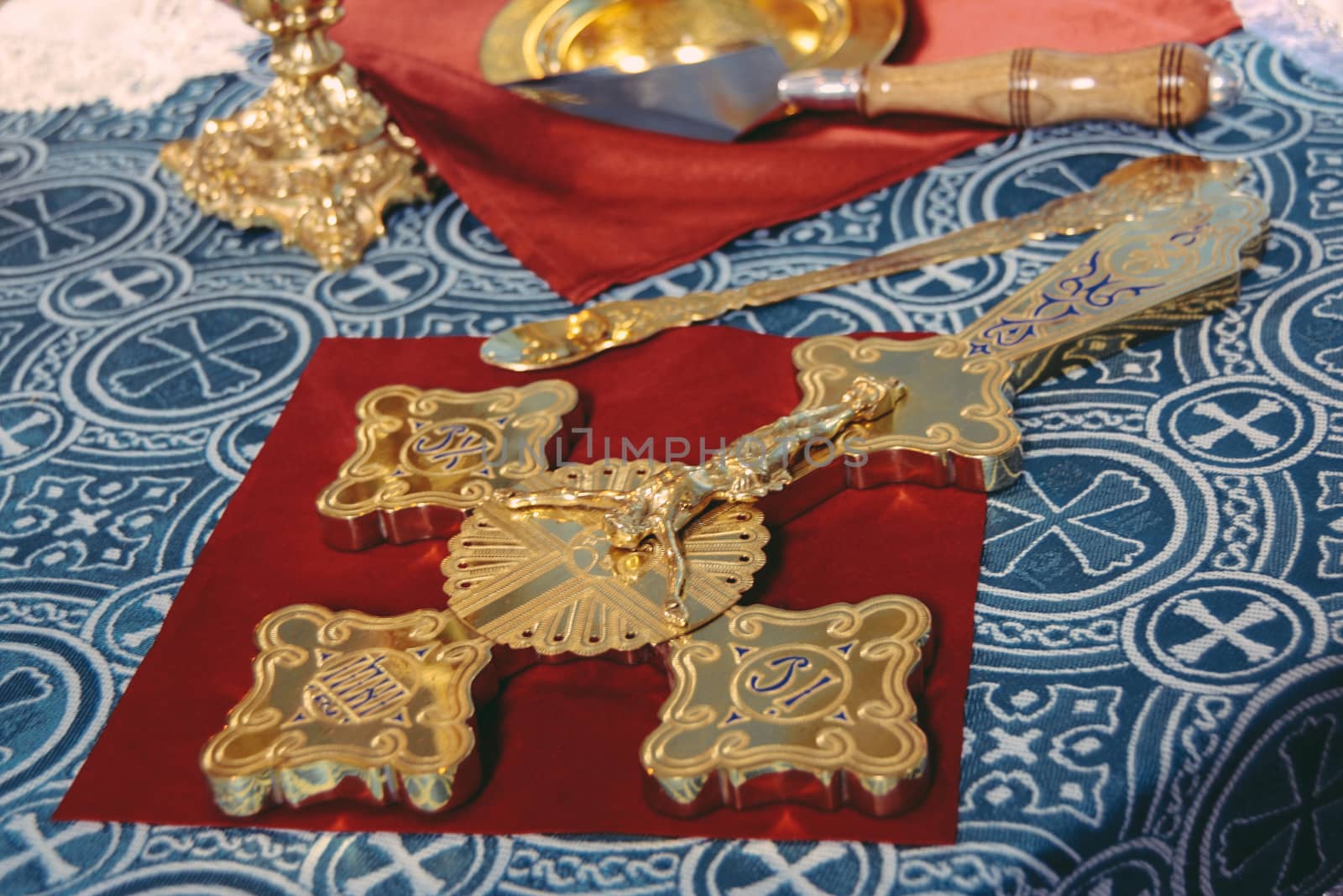 Orthodox cross on the table ceremony in christianity church. Shallow depth of field.