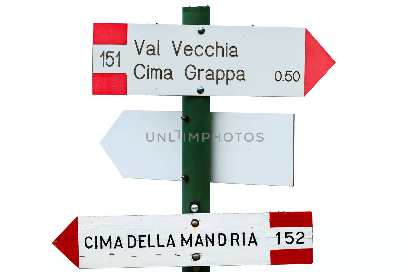 Close up of an isolated signboard along a trekking path. Direction indication. Arrow