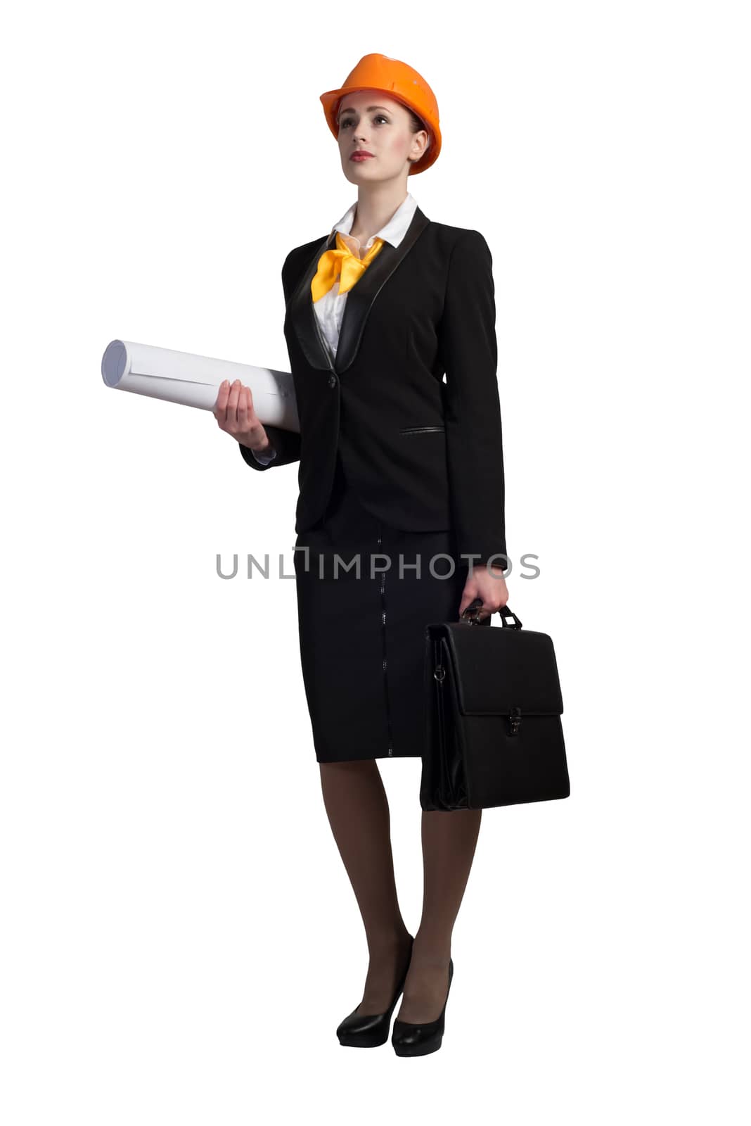 Young female engineer with suitcase in hardhat isolated on white