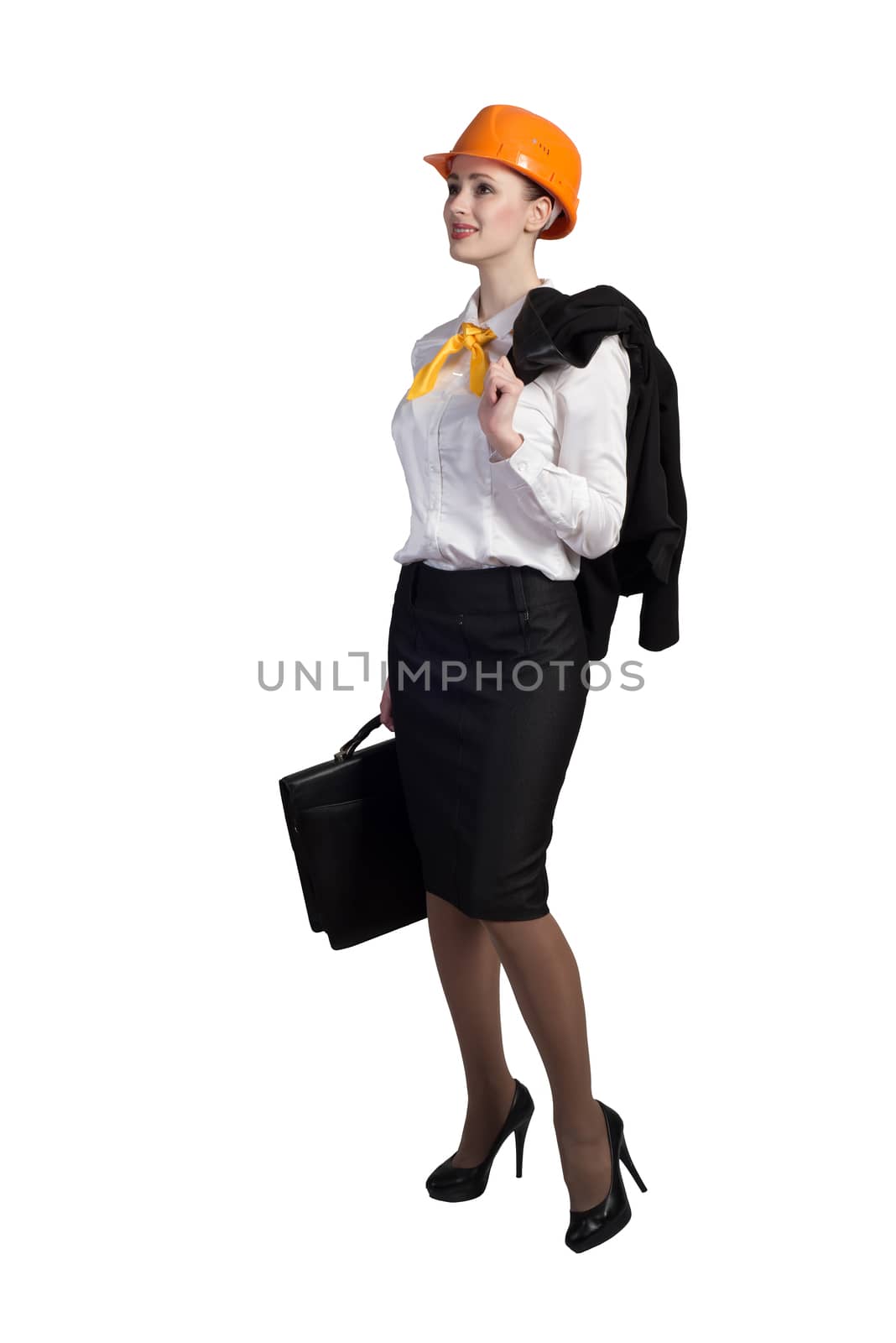 Young female engineer with suitcase in hardhat isolated on white