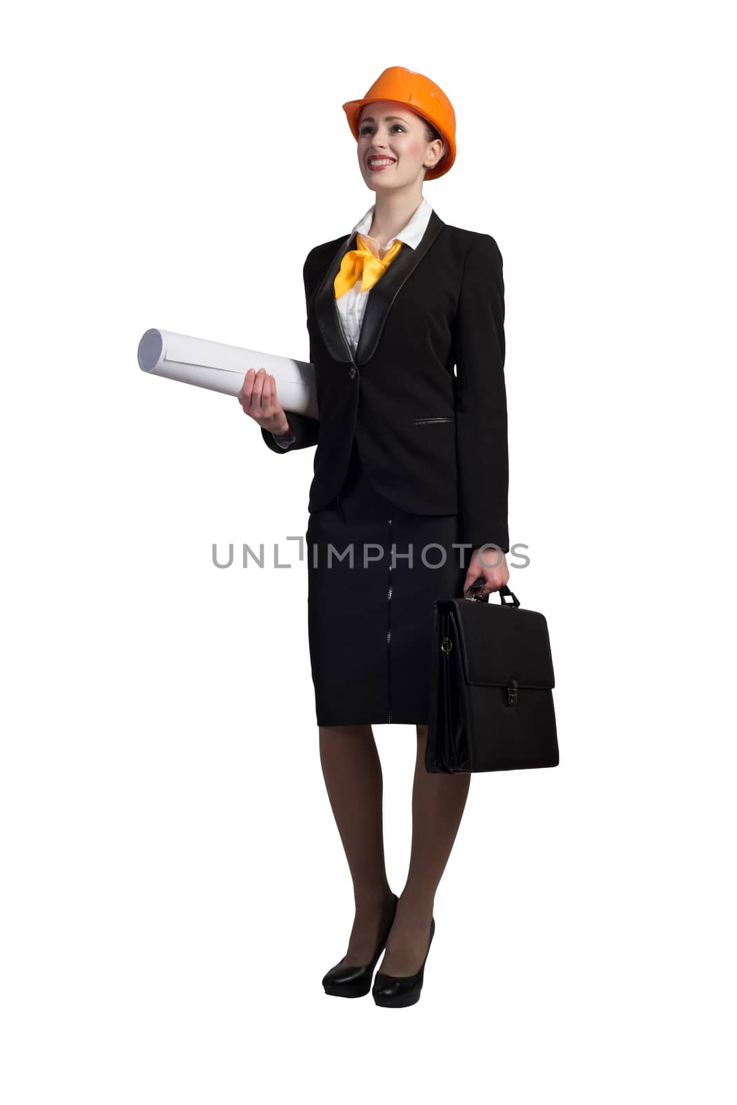 Young female engineer with suitcase in hardhat isolated on white