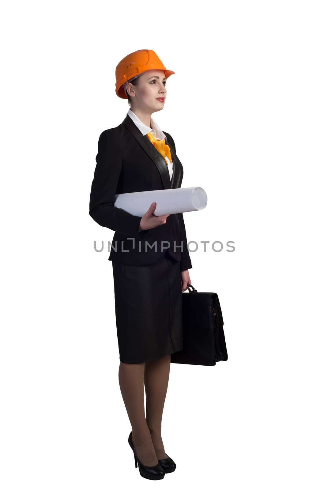 Young female engineer with suitcase in hardhat isolated on white