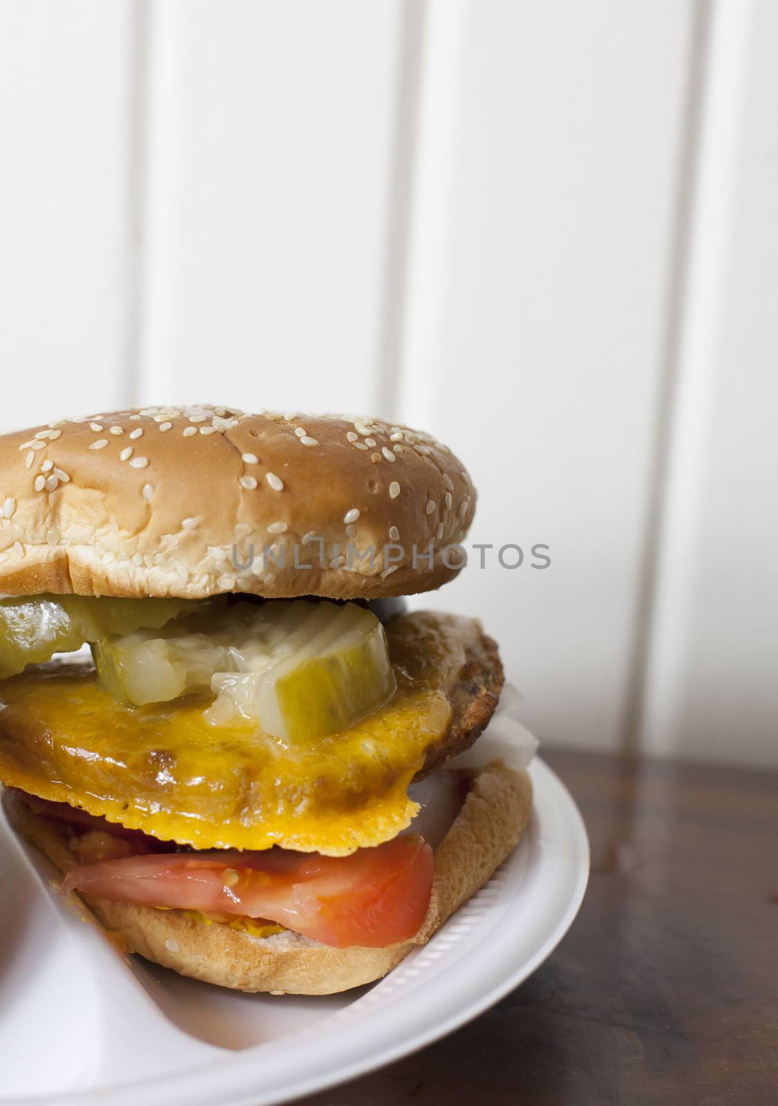 Veggie cheeseburger with pickles, tomatoes and ketchup