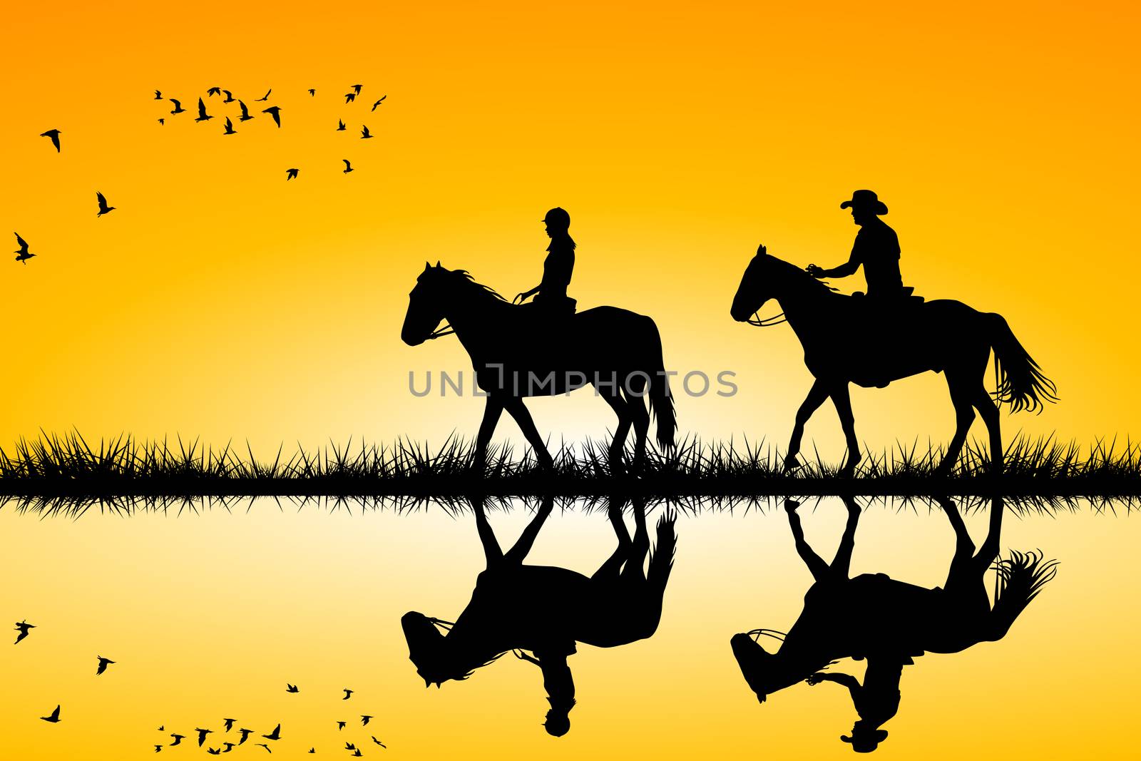 Two riders on horses standing together on sunset by hibrida13