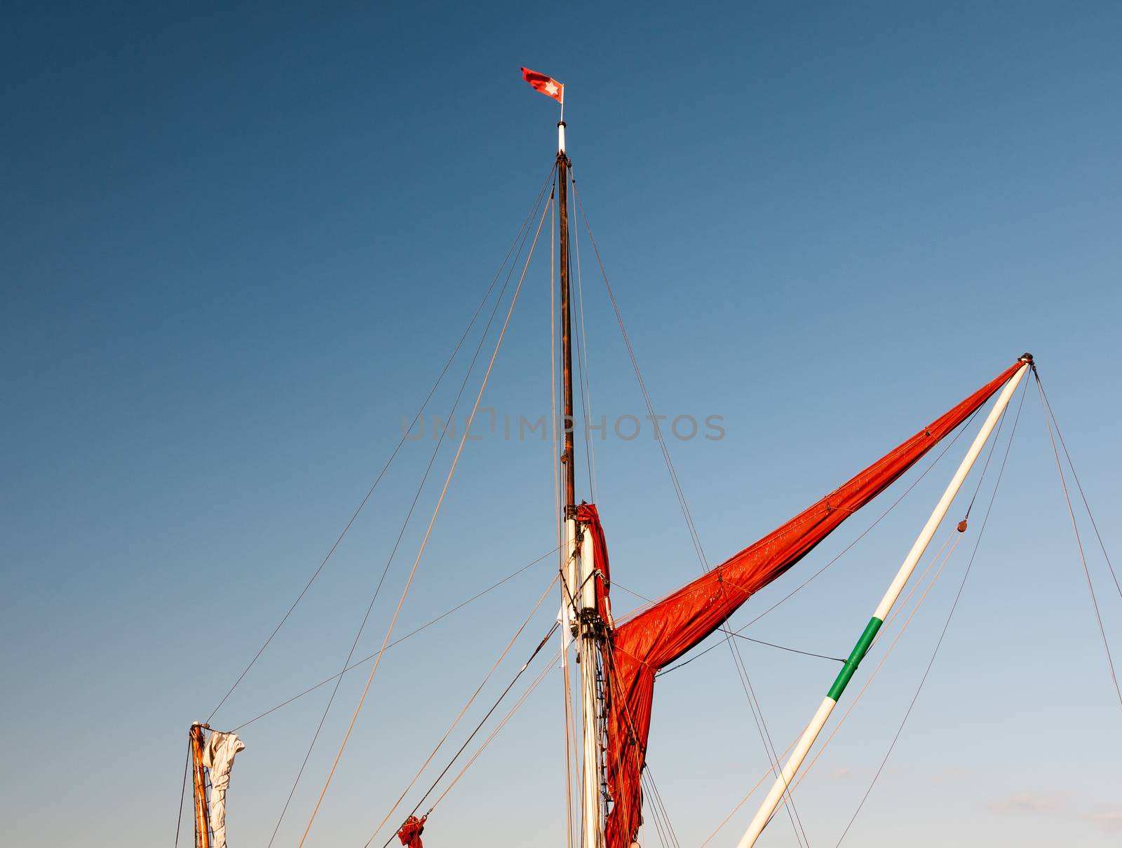 a high up mast in blue sky of london barge black water maldon essex;Essex; England; UK