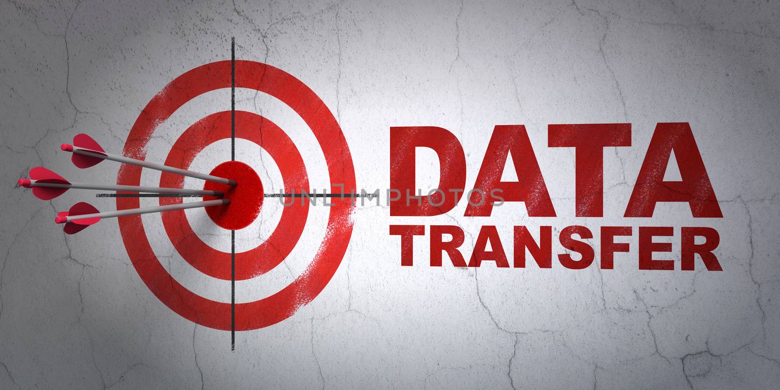 Success Information concept: arrows hitting the center of target, Red Data Transfer on wall background, 3D rendering