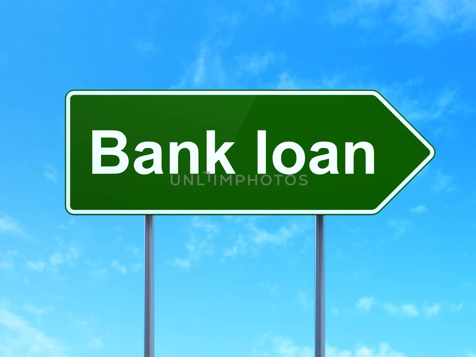 Money concept: Bank Loan on green road highway sign, clear blue sky background, 3D rendering