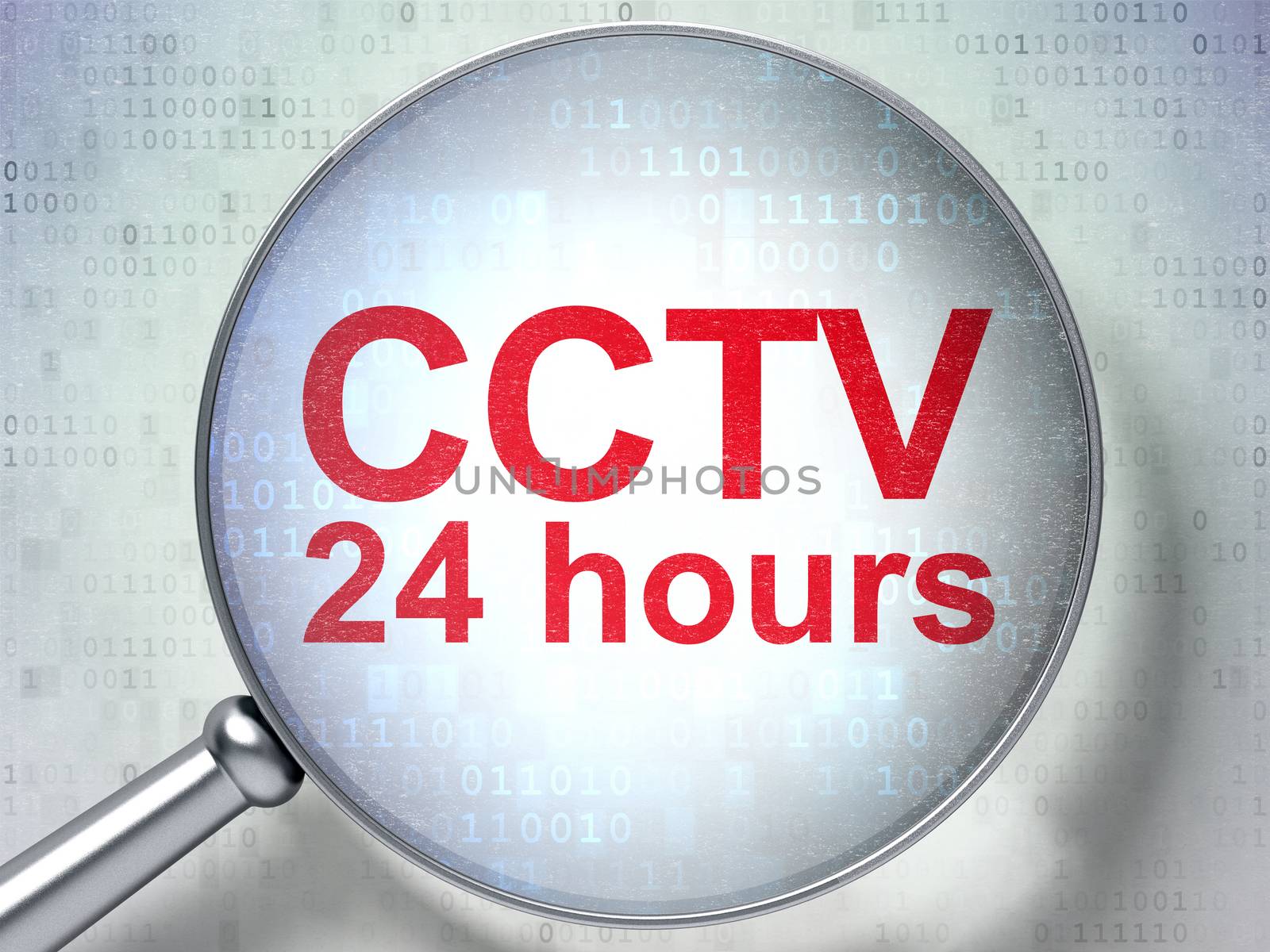 Security concept: magnifying optical glass with words CCTV 24 hours on digital background, 3D rendering