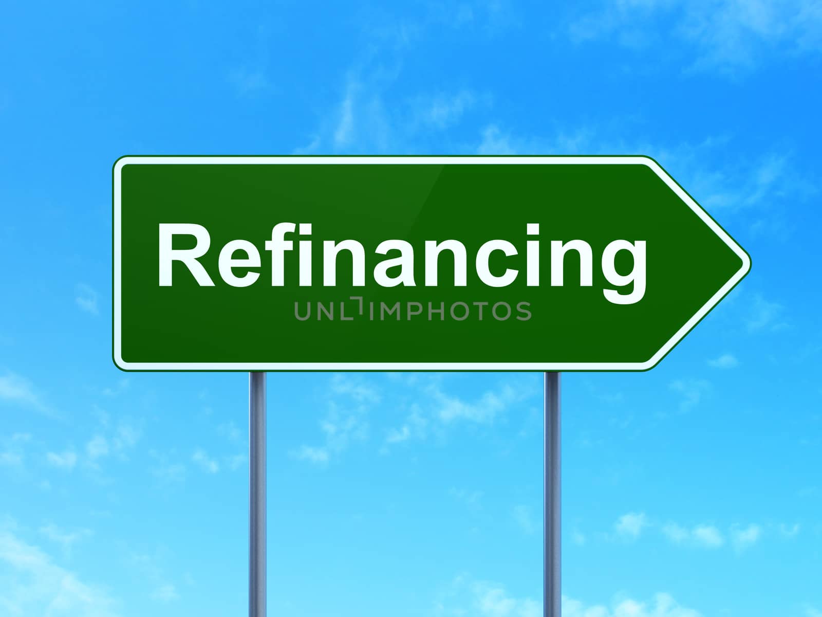 Finance concept: Refinancing on green road highway sign, clear blue sky background, 3D rendering