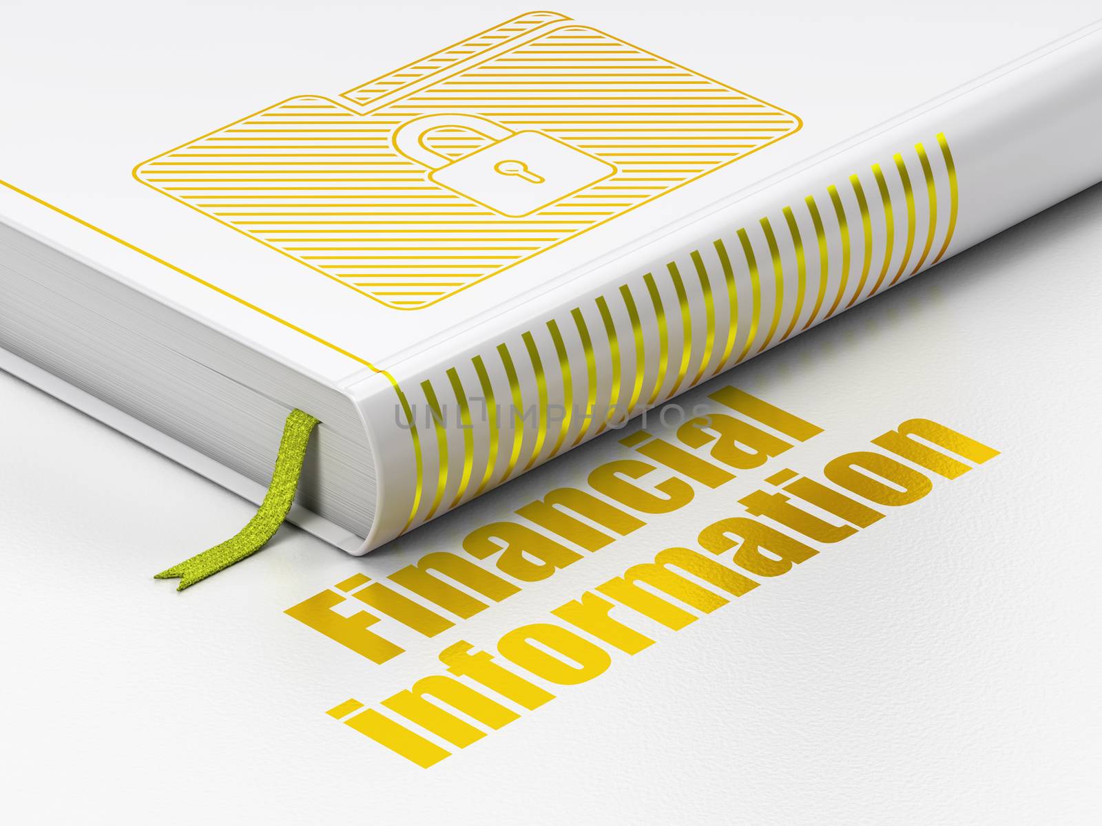 Finance concept: closed book with Gold Folder With Lock icon and text Financial Information on floor, white background, 3D rendering