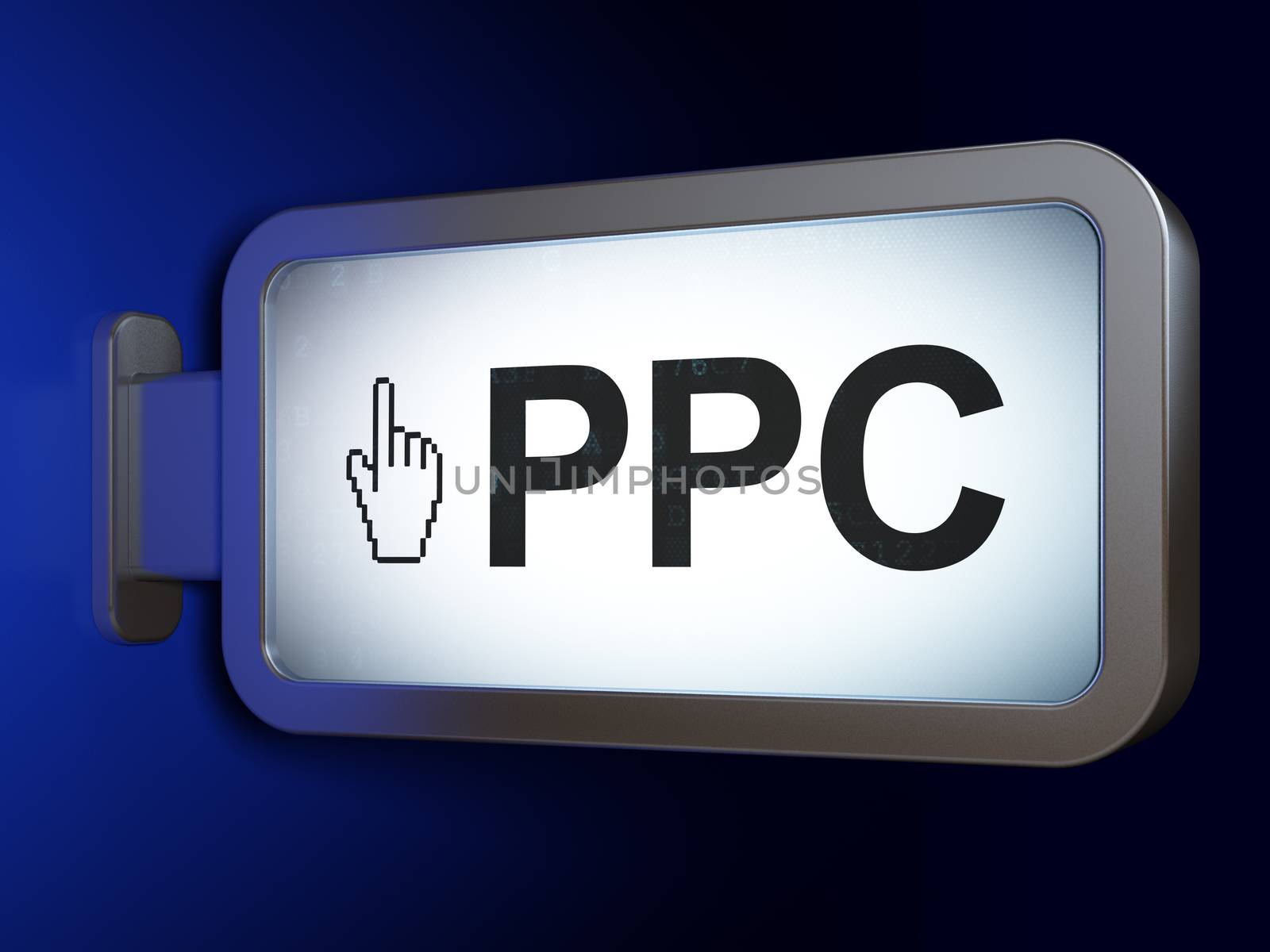 Marketing concept: PPC and Mouse Cursor on advertising billboard background, 3D rendering
