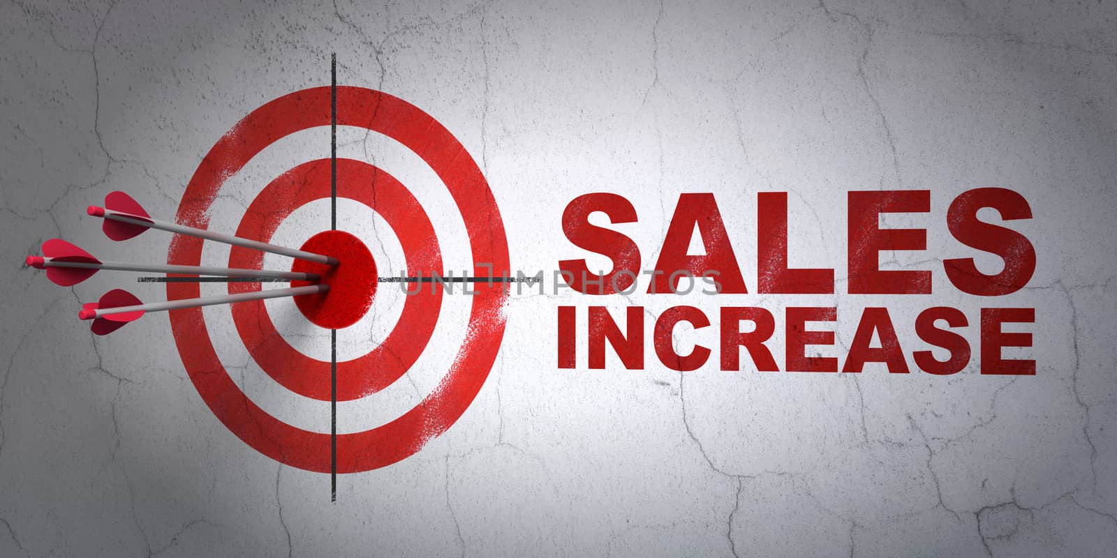 Success advertising concept: arrows hitting the center of target, Red Sales Increase on wall background, 3D rendering