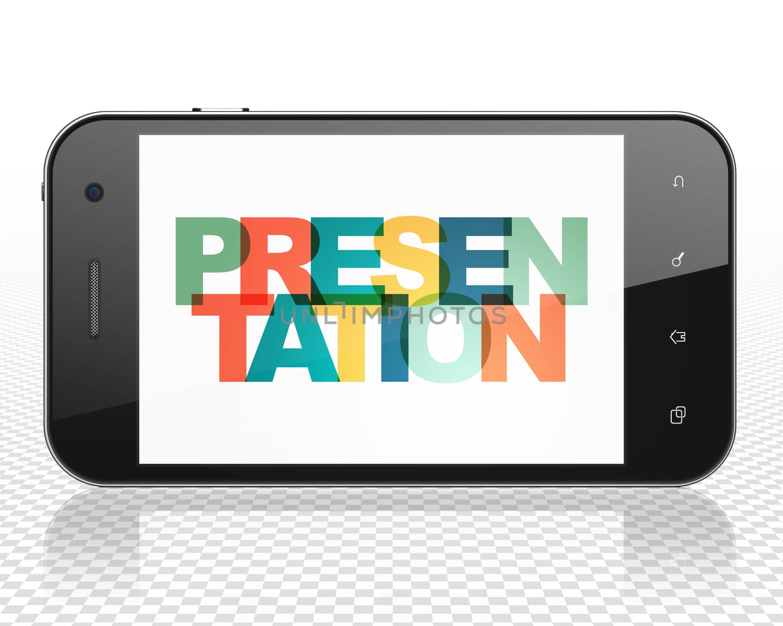 Marketing concept: Smartphone with Painted multicolor text Presentation on display, 3D rendering