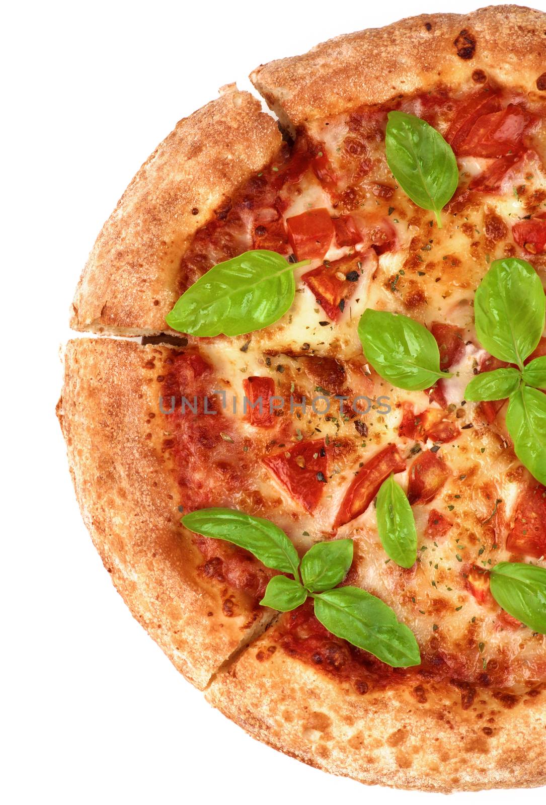 Half of Freshly Baked Margherita Pizza with Tomatoes, Cheese and Basil Leafs isolated on White background