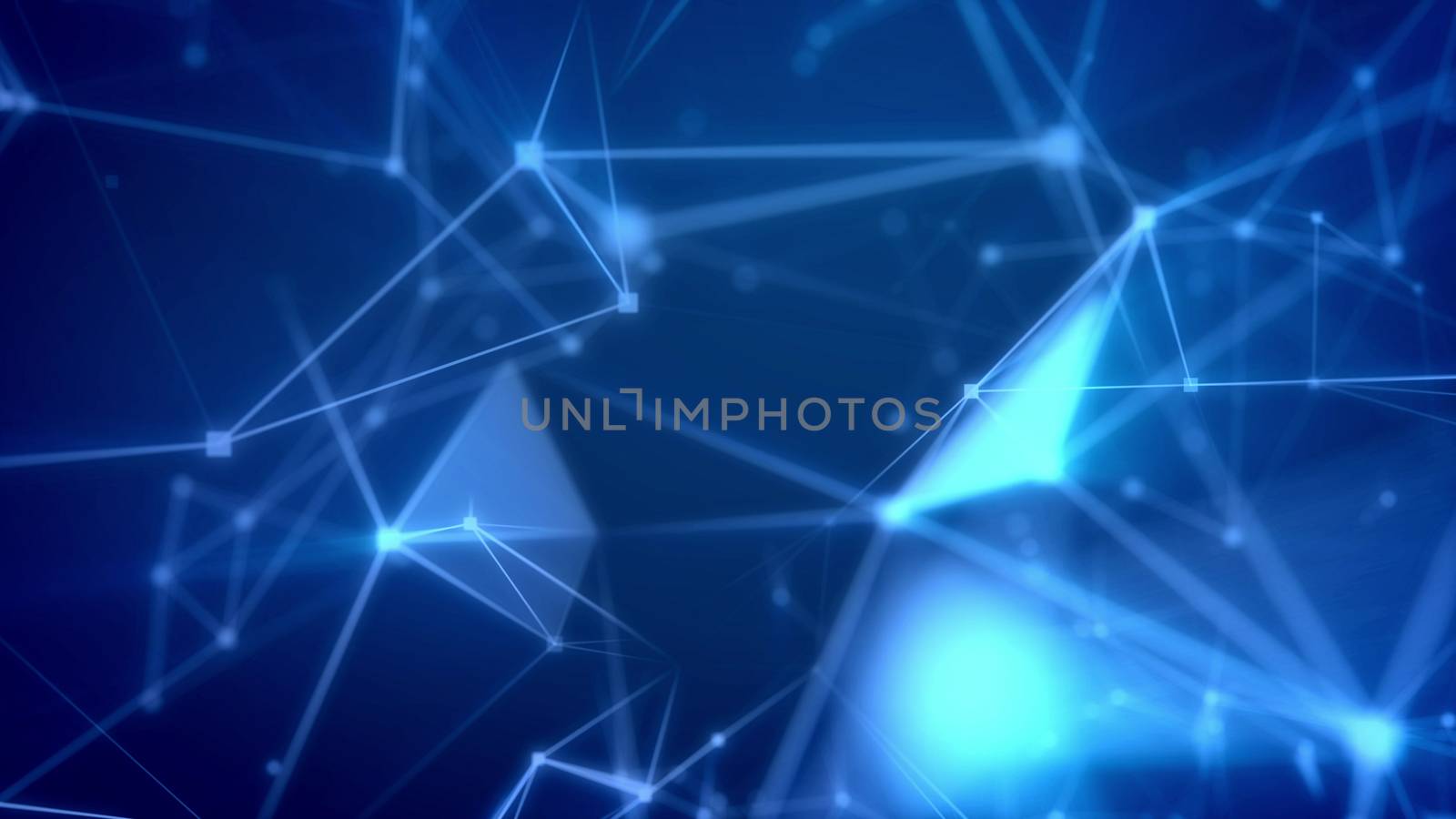 Exciting 3d rendering of a futuristic cyberspace flight through light blue network with gleaming spots, triangular facets, and a grid of pyramid looking links in the light blue background