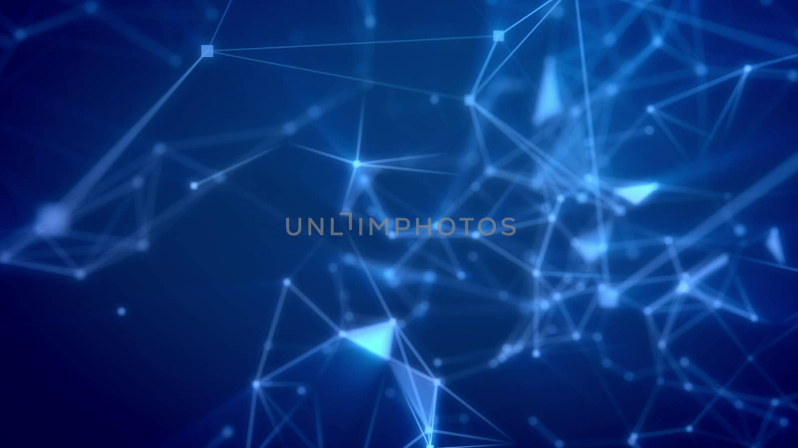 Inspiring 3d rendering of some futuristic flight through light blue grid with sparklong spots and numerous geomantic figures connected with each other in the light blue background
