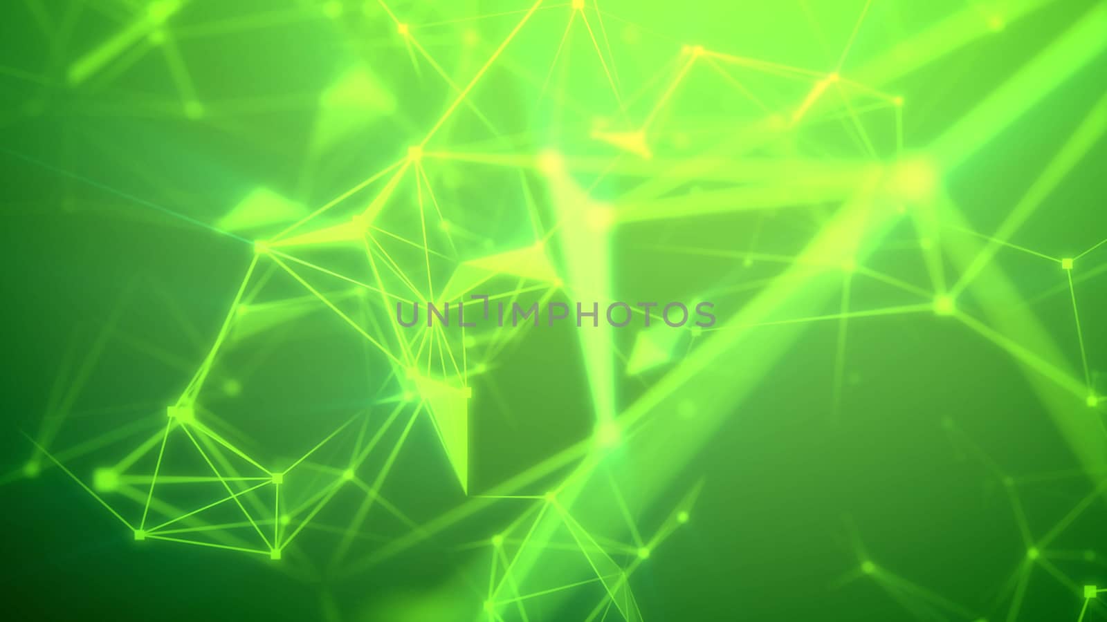 Exciting 3d rendering of a fantastic Internet based cyberspace with numerous luminous light green and yellow lines, triangular surfaces, geml looking spots, and the green background