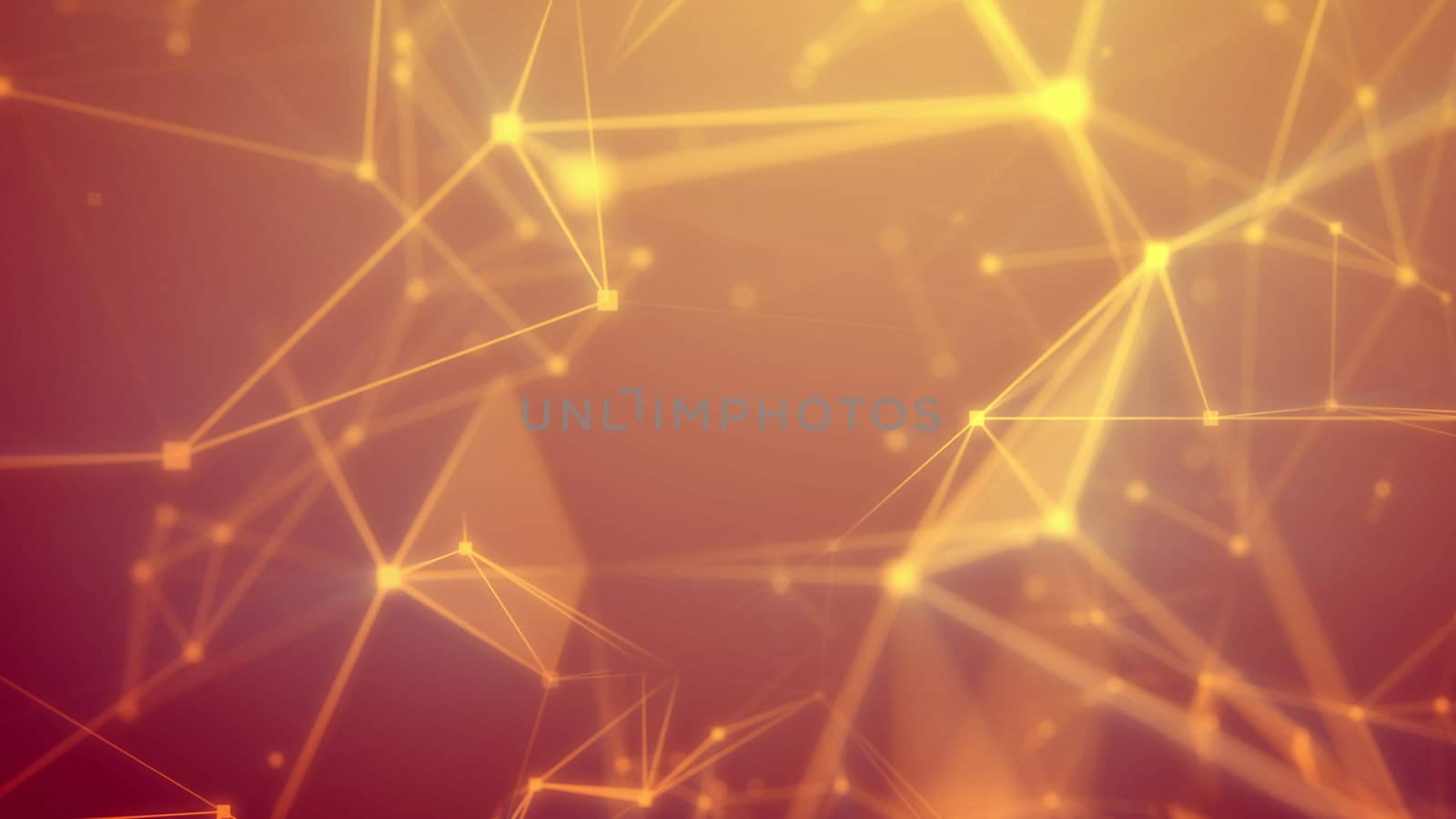 Amazing 3d illustration of a blurred sci-fi Internet based cyberspace with frequent shining yellow connections, triangular surfaces, dazzling spotlights, crystals, and the bright orange background