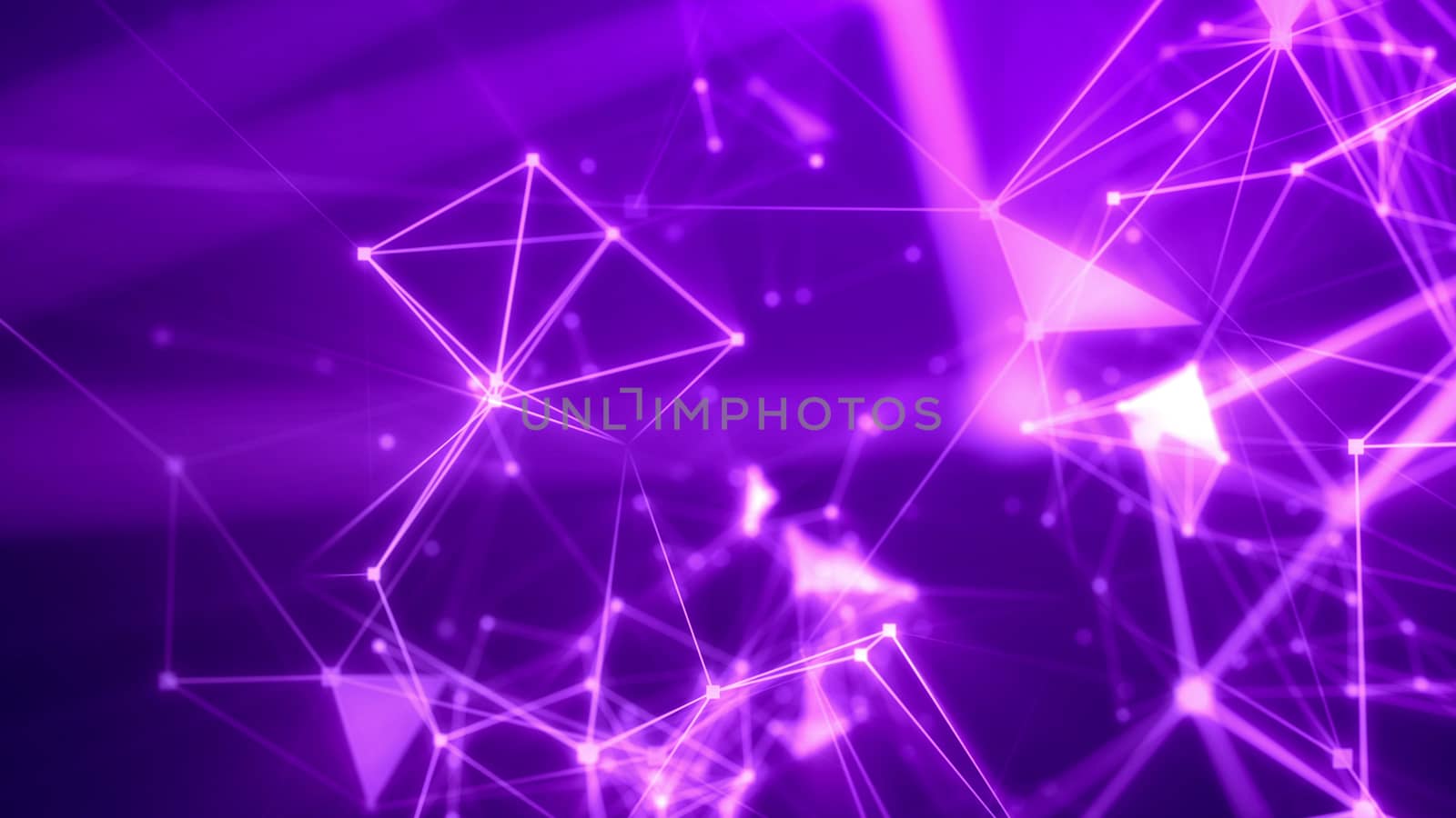 Splendid 3d illustration of a science fiction Internet based system with a lot of shining and blurred light rosy and pink lines, multi-sided surfaces, bright spotlights, and the violet background