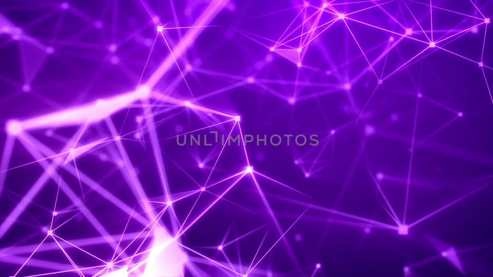 Dreamlike 3d illustration of a science fiction Internet based cyberspace with many gleaming rosy and pink connections, triangular surfaces, bright spotlights, and the bright violet background