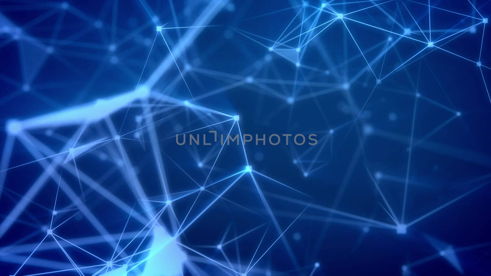 Impressive 3d rendering of some futuristic flight through light blue network with sparklong spots and numerous pyramid looking connections in the light blue background