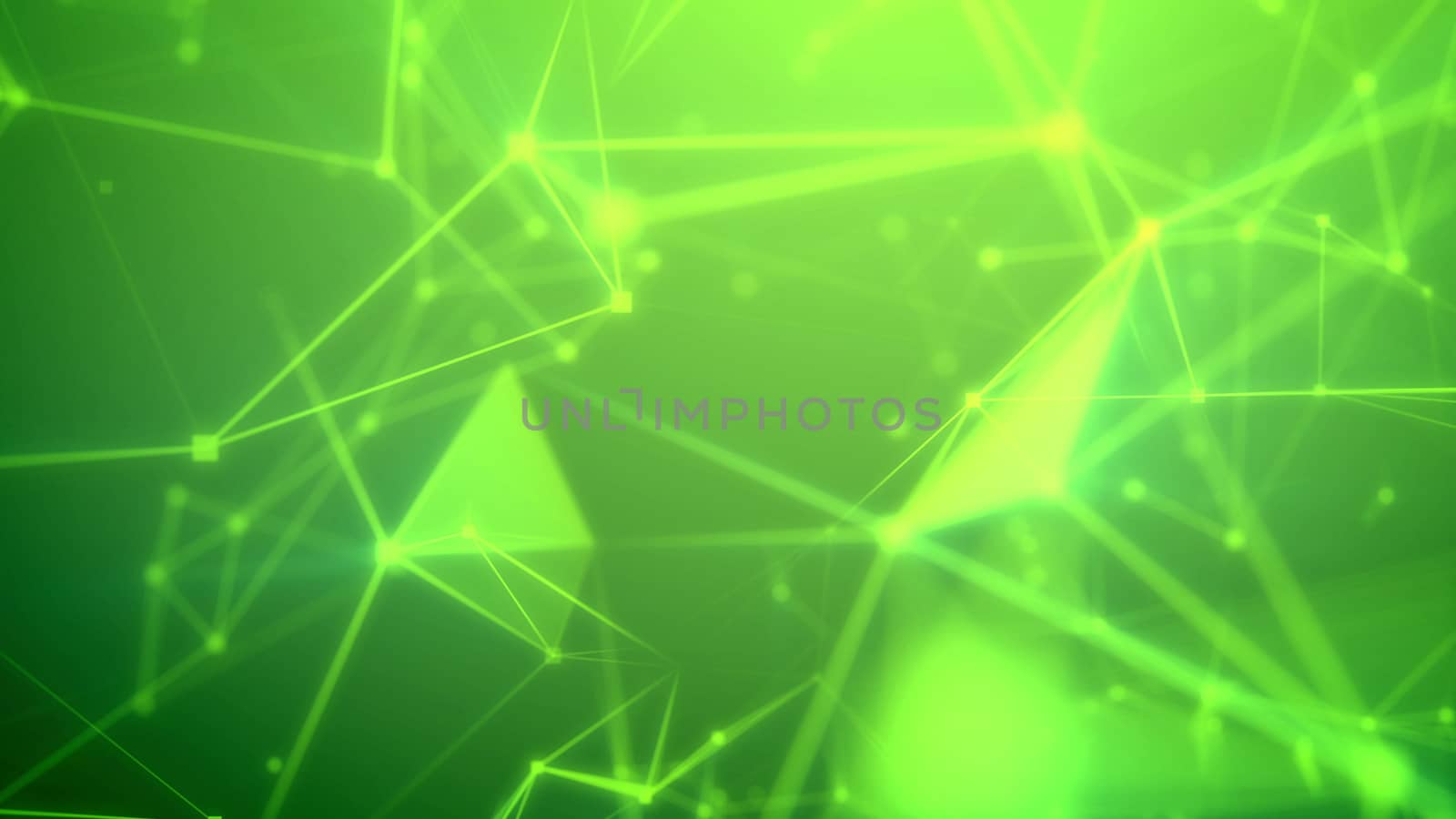 Enigmatic 3d illustration of a science fiction Internet based cyberspace with a lot of shimmering light green and yellow lines, triangular surfaces, bright spotlights, and the green background