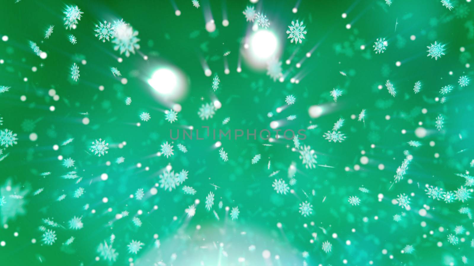 Cheerful 3d illustration of Happy New Year snowflakes spinning among dancing snowballs, and creating a merry mood of Christmas for children in thelight turquoise background