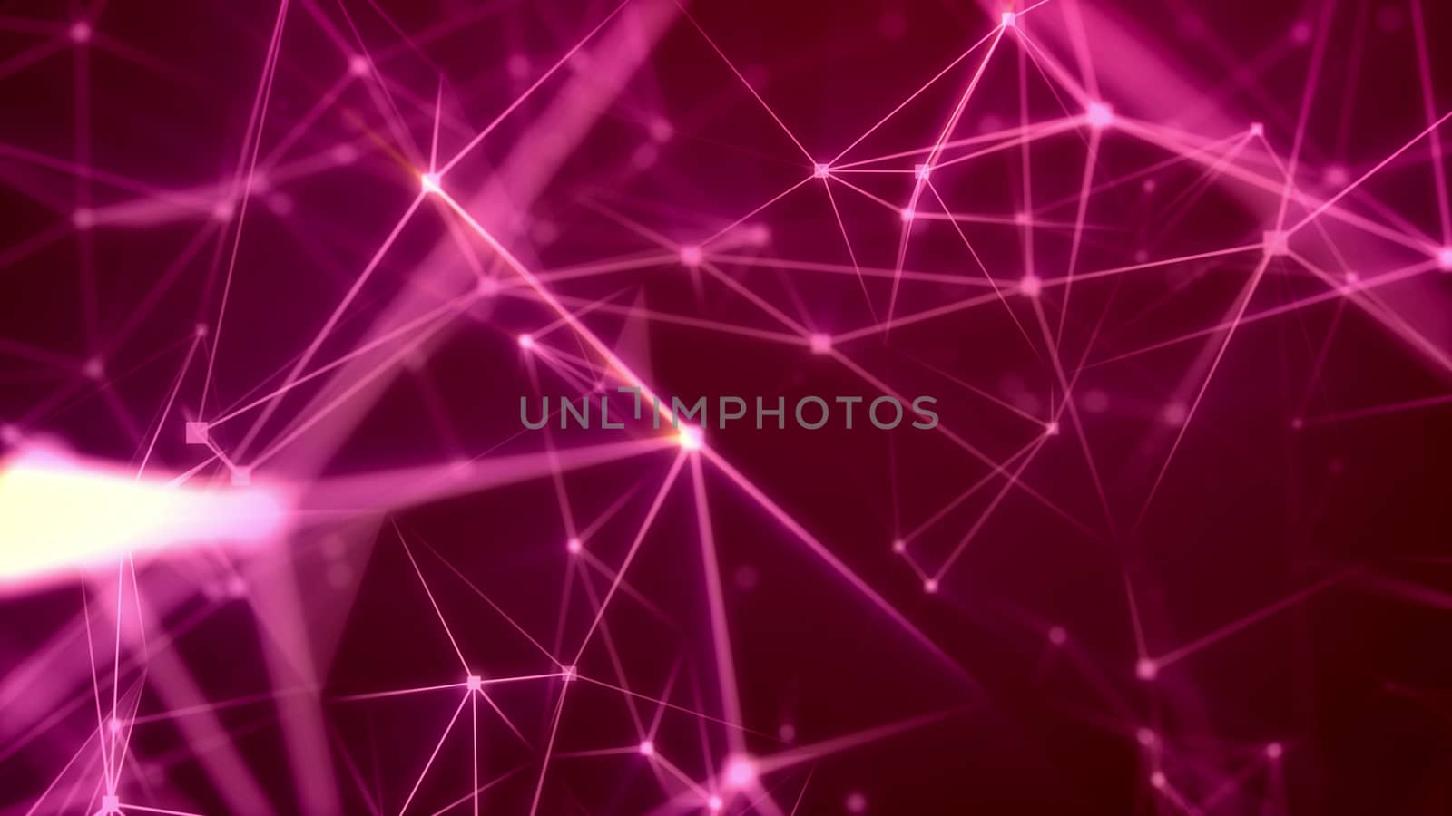 Fantastic 3d illustration of a science fiction Internet based cyberspace with a lot of dazzling and blurred light rosy and pink lines, multi-sided areas, bright searchlights, and the purple background