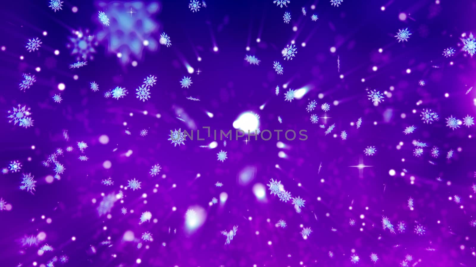 Amusing 3d rendering of Happy New Year snowflakes, having different sizes, circling among rushing snowballs, and creating a festive mood of Christmas in the dark violet background