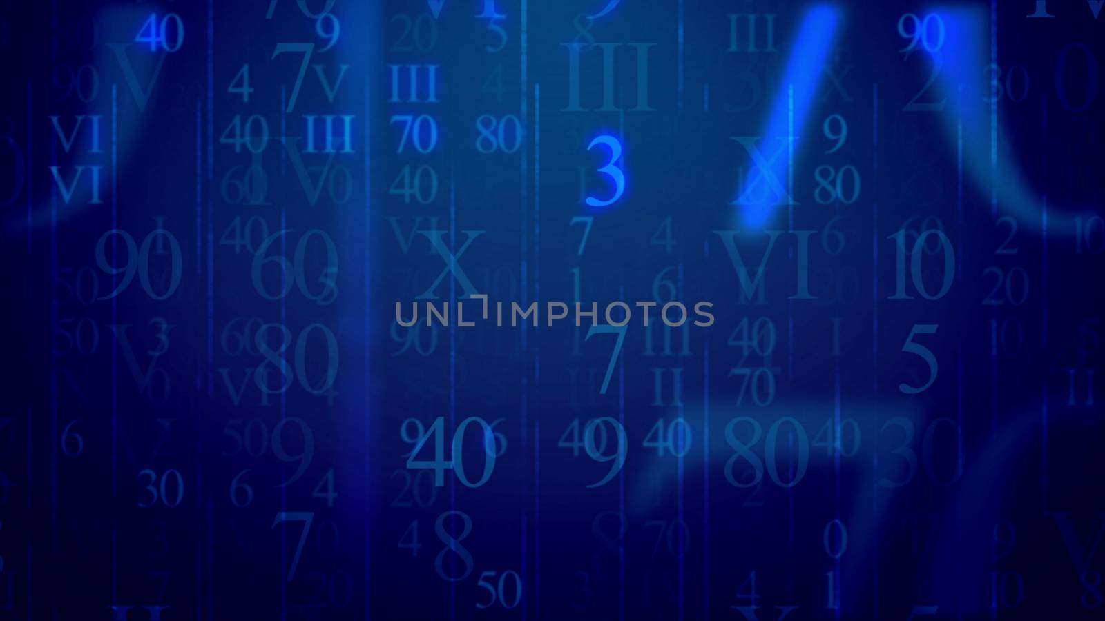 Ulrtamodern 3d rendering of computer modeled light blue Latin and Arabic figures having different sizes and gleaming in the dark blue background like digital e-mails in some futuristic cyber reality