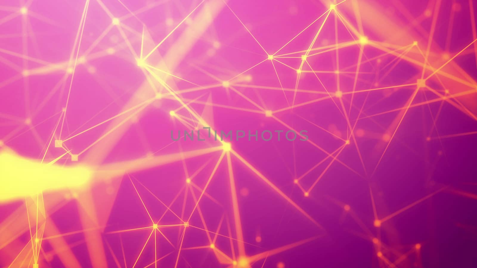 3D rendering of a mysterious cyberspace with wide yellow rays, thin fiber tubes, multi-sided surfaces, triangular facets, luminous dots, in the light pink and rosy backgound  